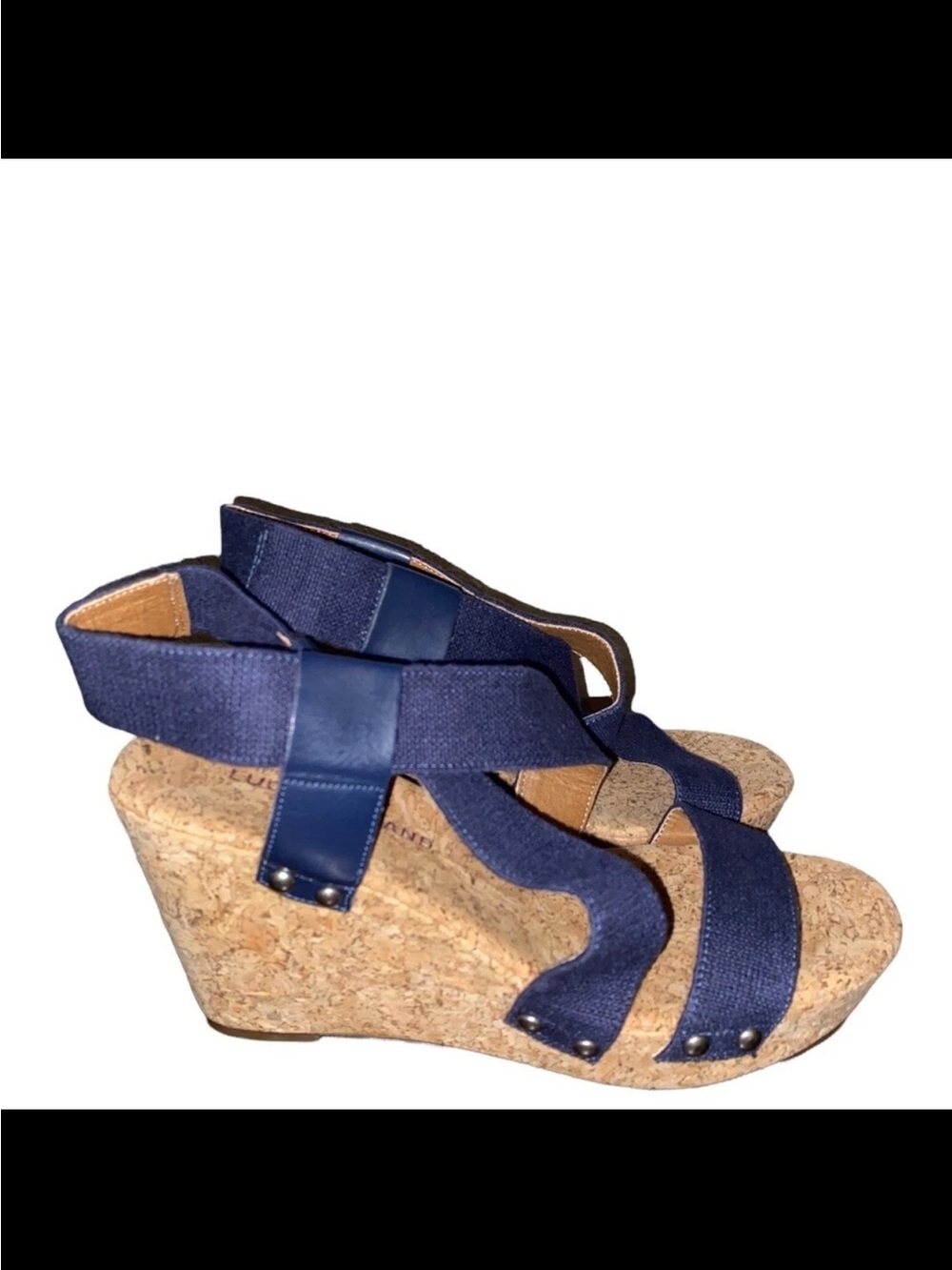 Lucky Brand Navy Cork Wedge Sandals 7.5